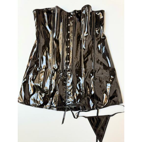 Alivila.Y Black Faux Leather Mini Bodycon Corset Dress and Thong Women's 6XL - Picture 3 of 12